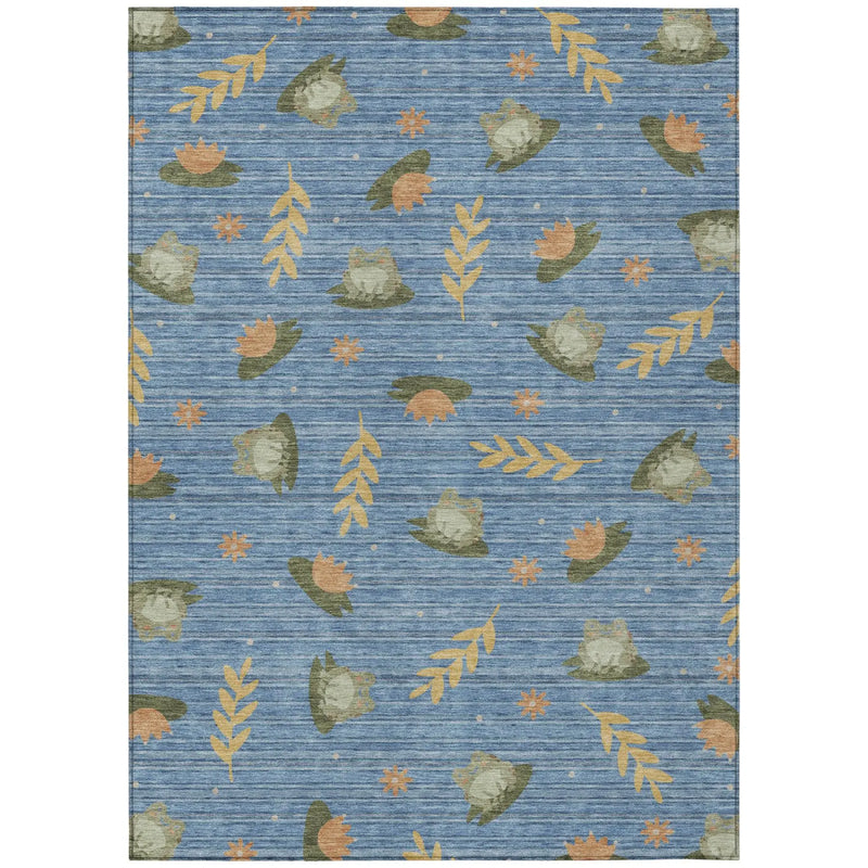 8' X 10' Blue And Olive Green Botanical Leaves Washable Indoor Outdoor Area Rug Homeroots Outdoor