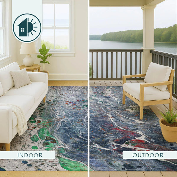 8' X 10' Blue And Pewter Abstract Washable Indoor Outdoor Area Rug Homeroots Outdoor