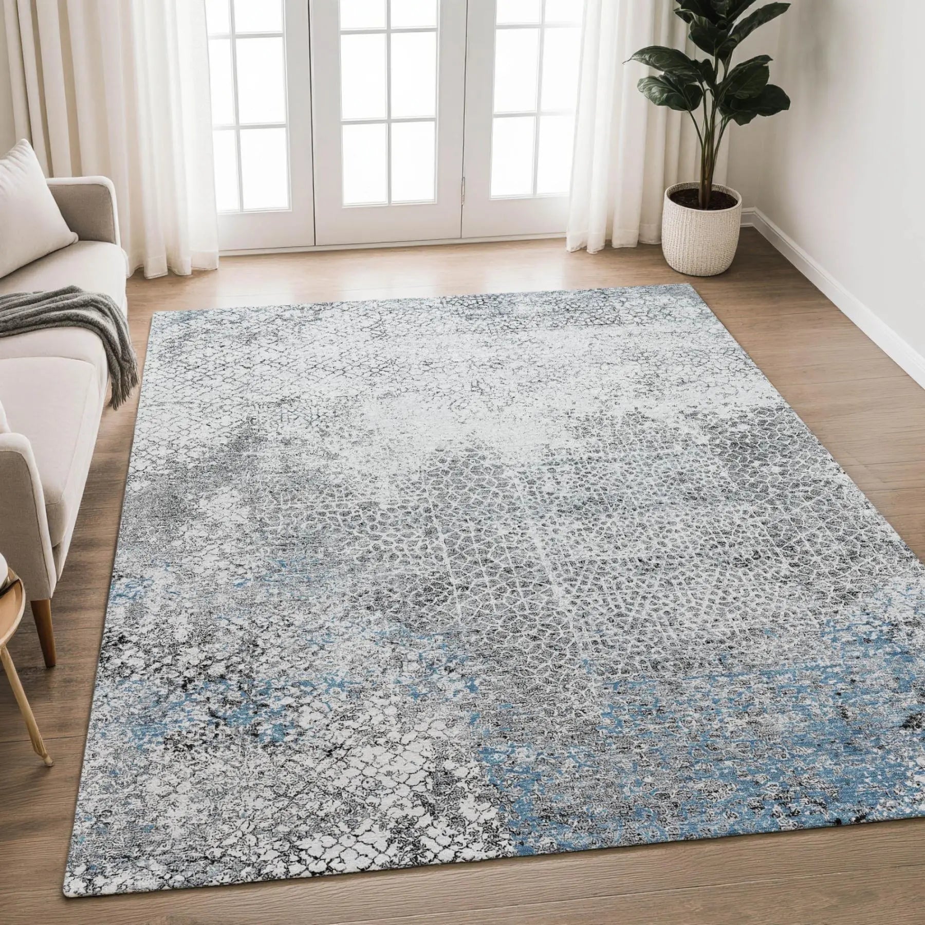 8' X 10' Blue And Pewter Abstract Washable Indoor Outdoor Area Rug Homeroots Outdoor