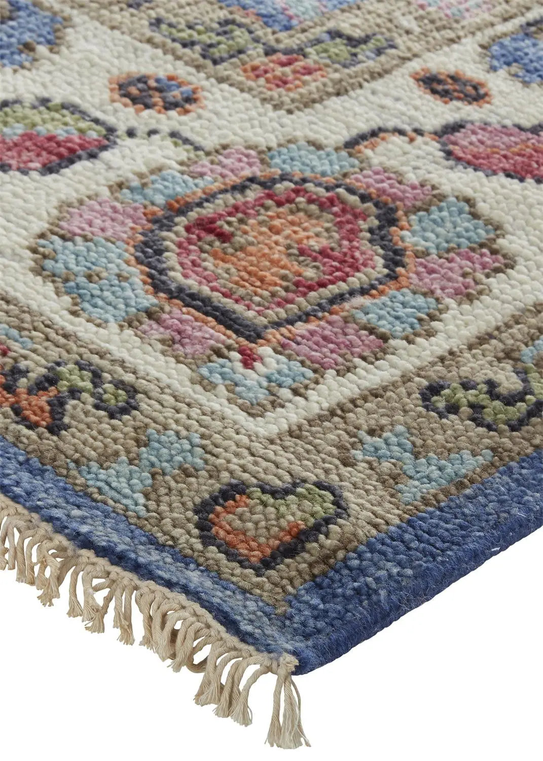 8' X 10' Blue And Red Wool Floral Hand Knotted Stain Resistant Area Rug Homeroots Home Decor