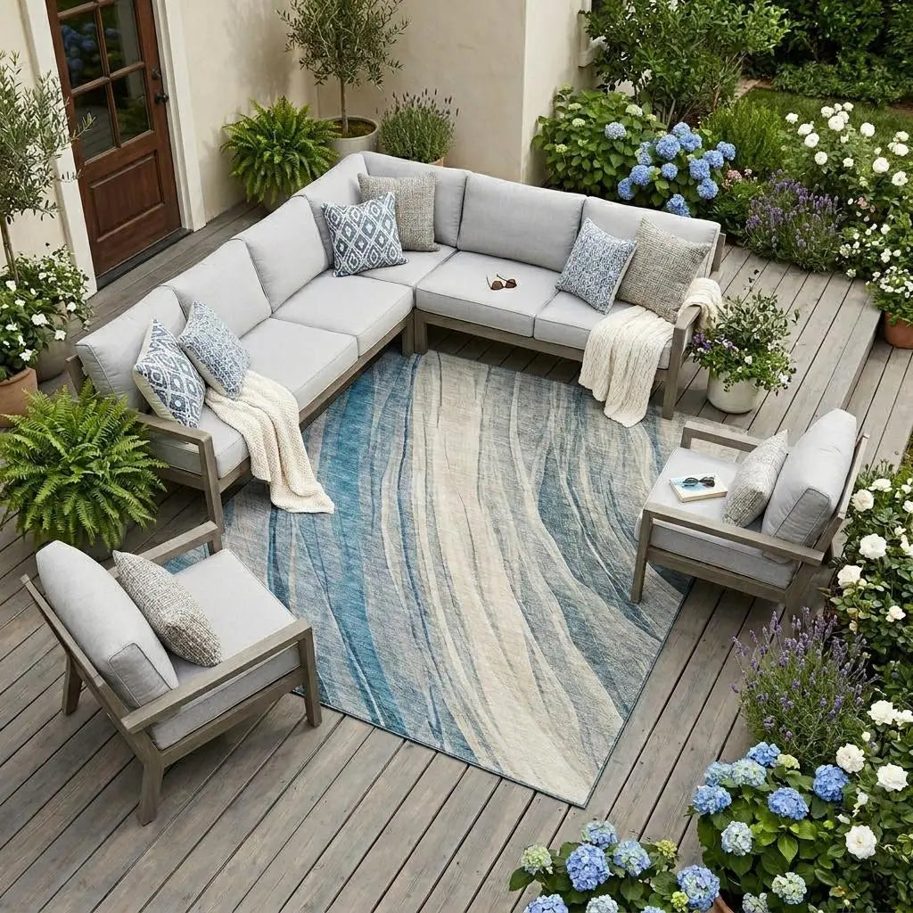 8' X 10' Blue And Silver Abstract Washable Indoor Outdoor Area Rug Homeroots Outdoor