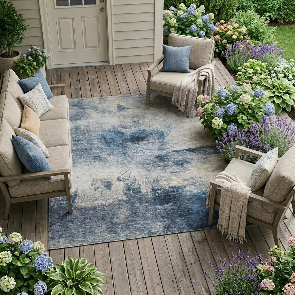 8' X 10' Blue And Silver Abstract Washable Indoor Outdoor Area Rug Homeroots Outdoor