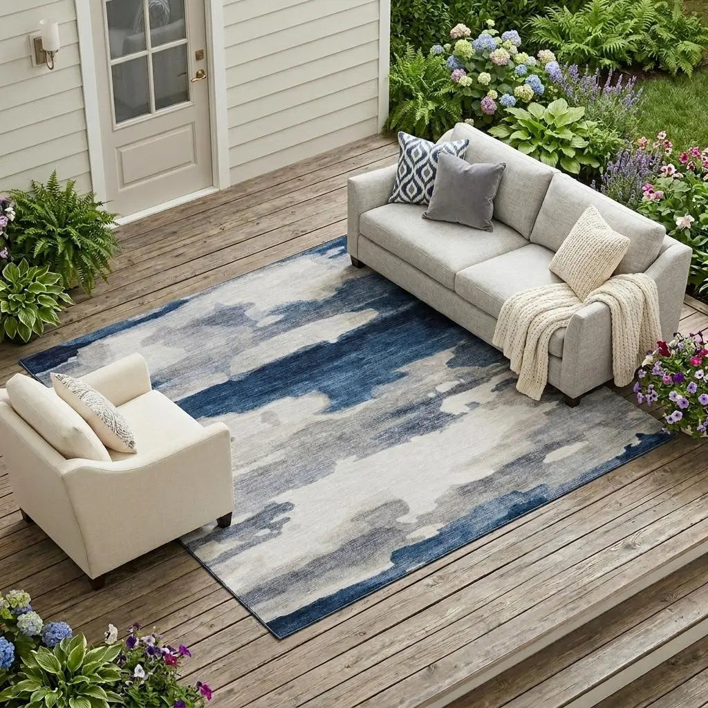 8' X 10' Blue And Silver Abstract Washable Indoor Outdoor Area Rug Homeroots Outdoor