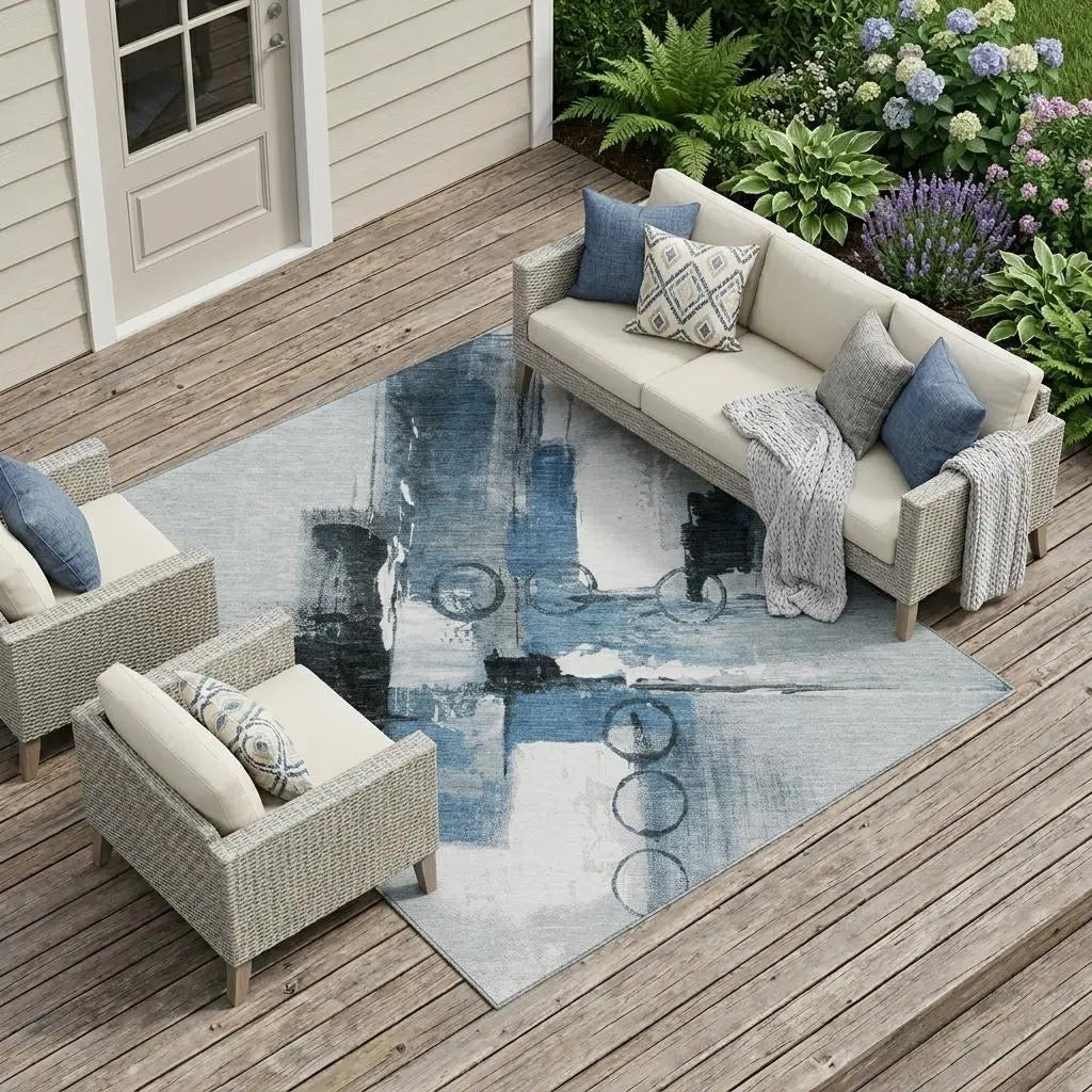 8' X 10' Blue And Silver Abstract Washable Indoor Outdoor Area Rug Homeroots Outdoor