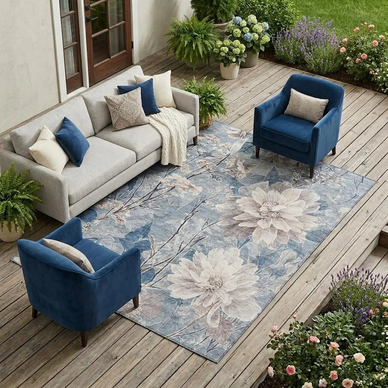 8' X 10' Blue And Silver Floral Washable Indoor Outdoor Area Rug Homeroots Outdoor