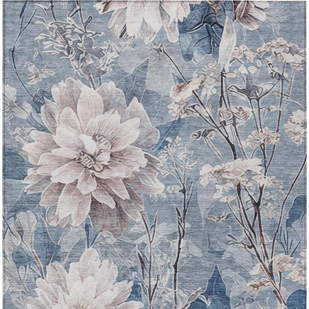 8' X 10' Blue And Silver Floral Washable Indoor Outdoor Area Rug Homeroots Outdoor