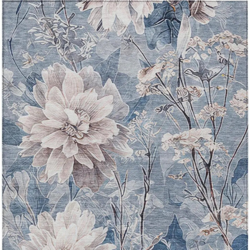8' X 10' Blue And Silver Floral Washable Indoor Outdoor Area Rug Homeroots Outdoor