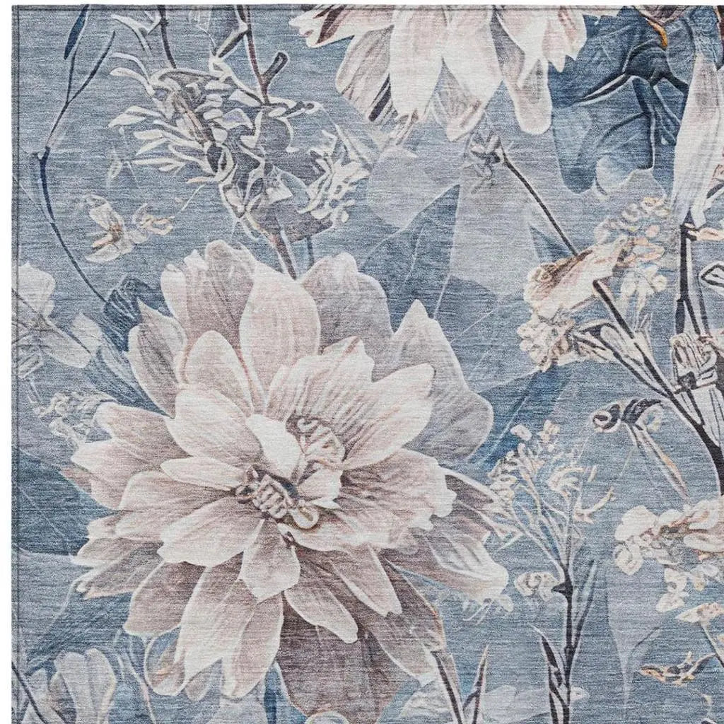 8' X 10' Blue And Silver Floral Washable Indoor Outdoor Area Rug Homeroots Outdoor