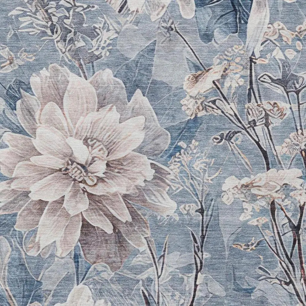 8' X 10' Blue And Silver Floral Washable Indoor Outdoor Area Rug Homeroots Outdoor