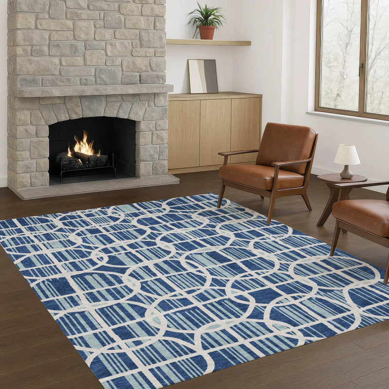 8' X 10' Blue And Silver Geometric Washable Indoor Outdoor Area Rug Homeroots Outdoor