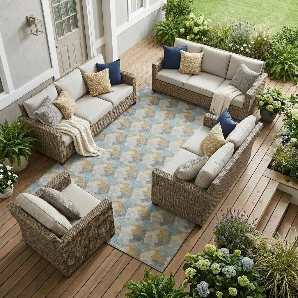 8' X 10' Blue And Silver Geometric Washable Indoor Outdoor Area Rug Homeroots Outdoor
