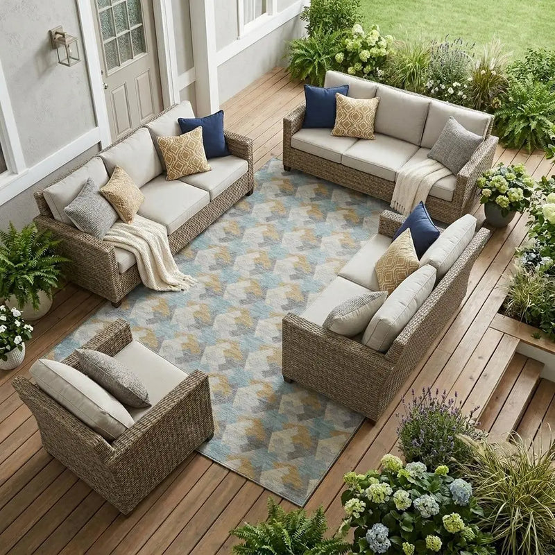 8' X 10' Blue And Silver Geometric Washable Indoor Outdoor Area Rug Homeroots Outdoor