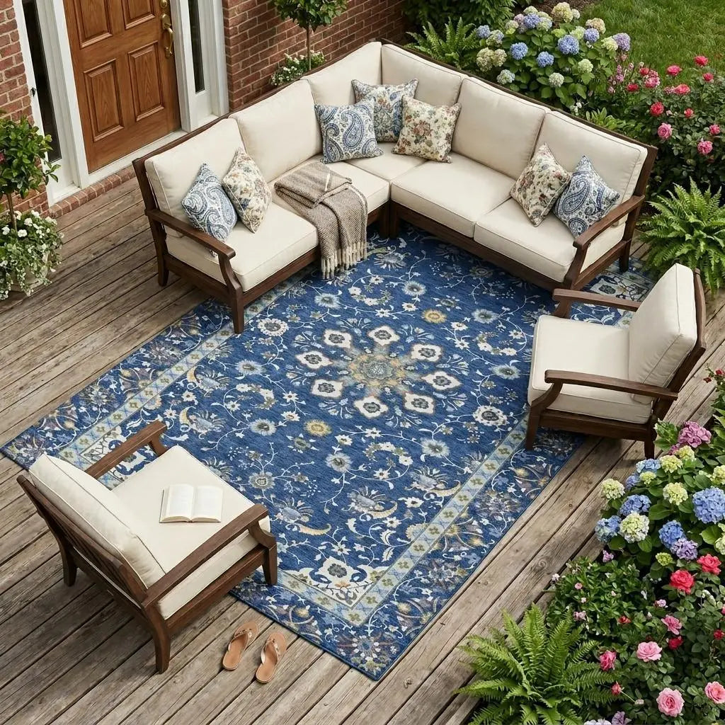 8' X 10' Blue And Silver Oriental Washable Indoor Outdoor Area Rug Homeroots Outdoor