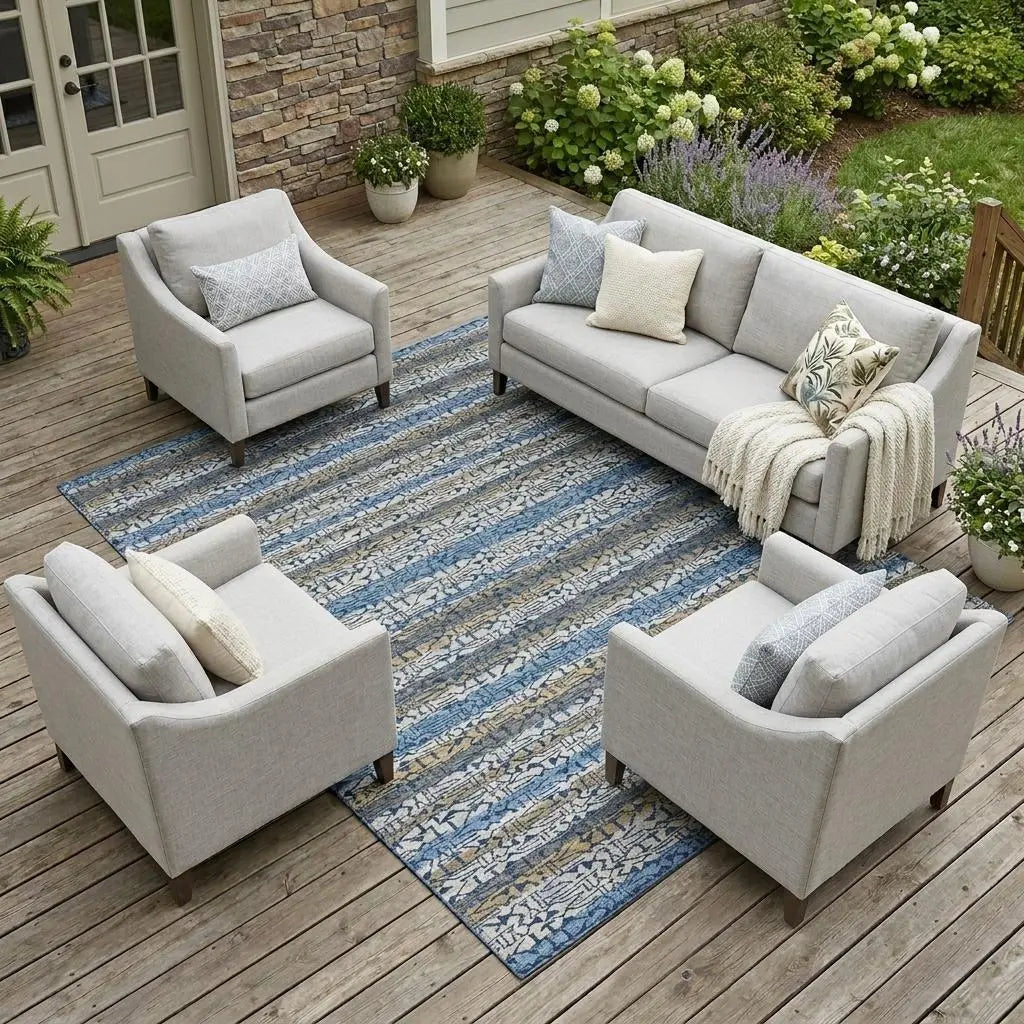 8' X 10' Blue And Silver Striped Washable Indoor Outdoor Area Rug Homeroots Outdoor