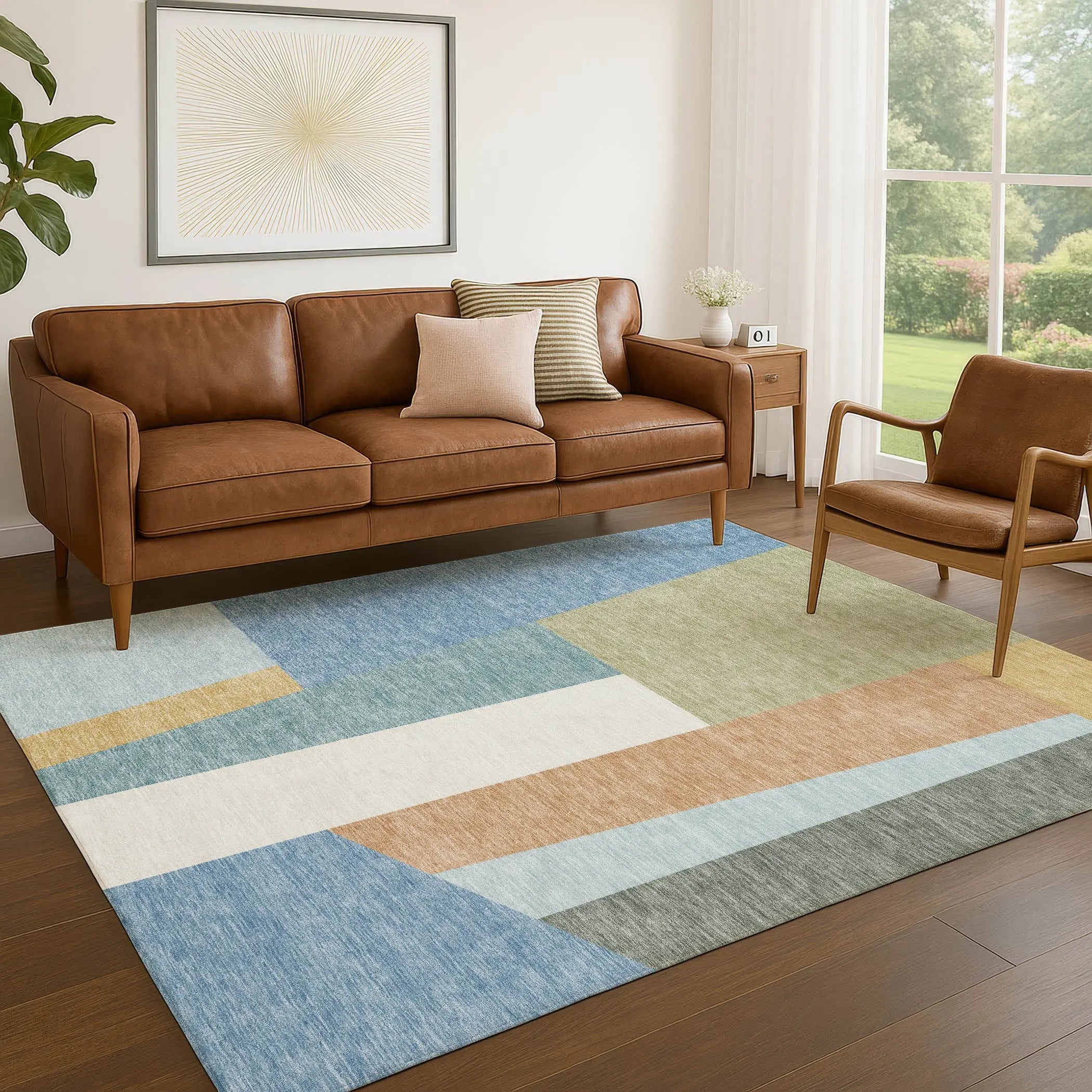 8' X 10' Blue And Teal Blue Geometric Washable Indoor Outdoor Area Rug Homeroots Outdoor