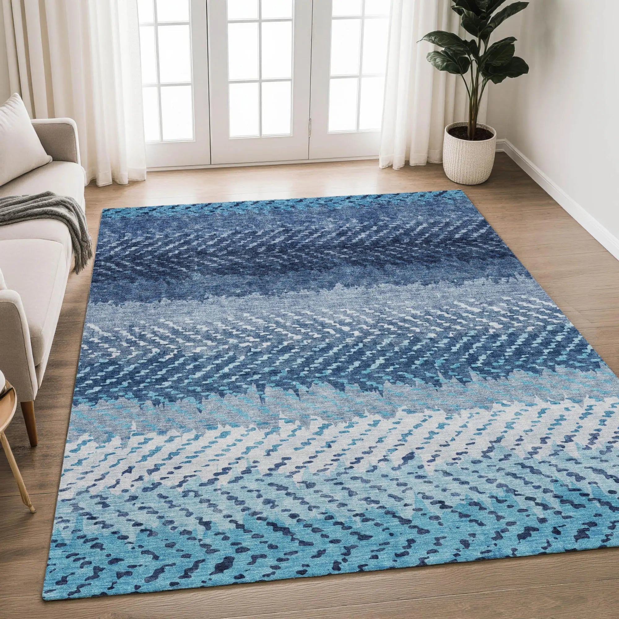 8' X 10' Blue And Teal Blue Striped Washable Indoor Outdoor Area Rug Homeroots Outdoor