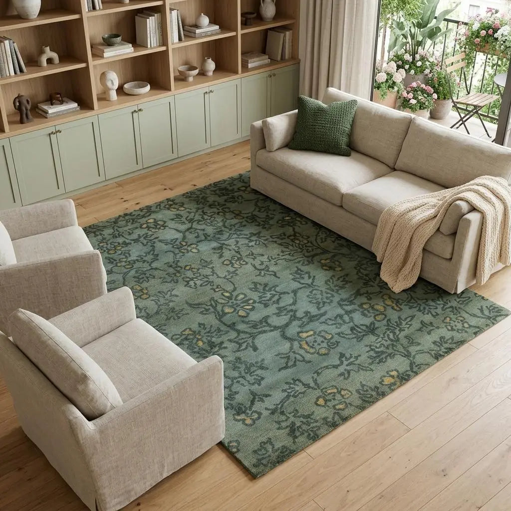8' X 10' Blue Green And Gold Wool Floral Hand Knotted Area Rug Homeroots Home Decor