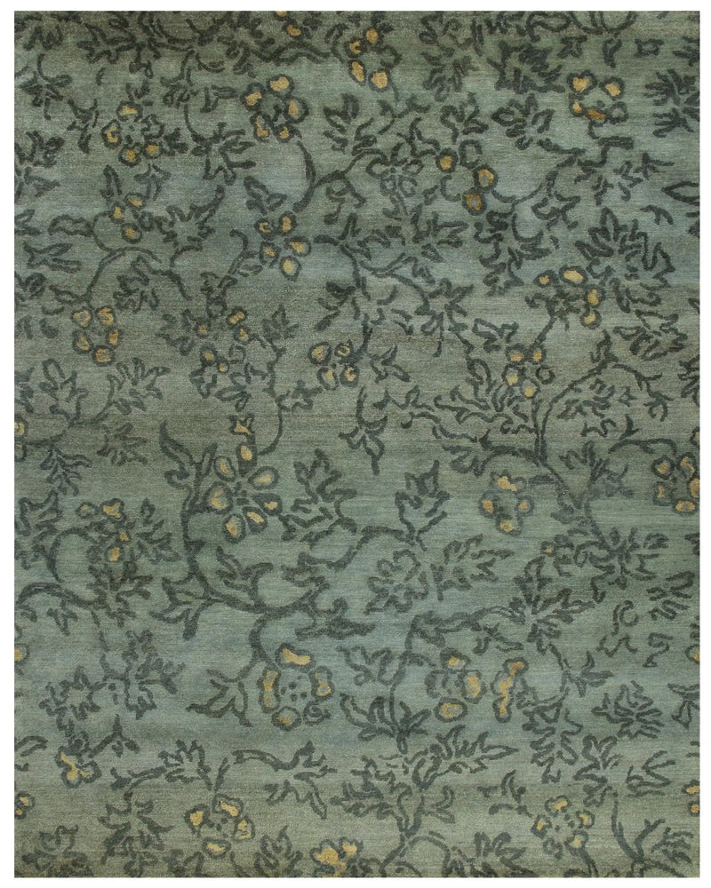8' X 10' Blue Green And Gold Wool Floral Hand Knotted Area Rug Homeroots Home Decor