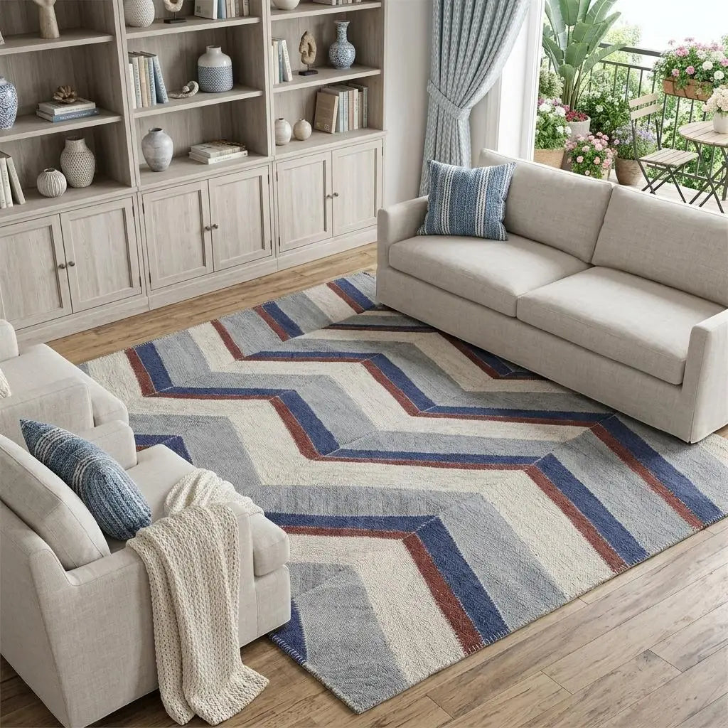 8' X 10' Blue Red And White Geometric Hand Woven Area Rug Homeroots Home Decor