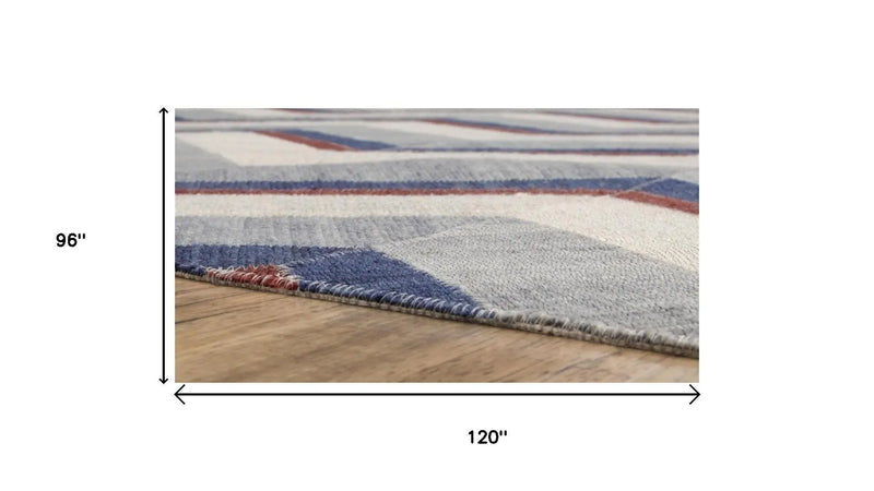 8' X 10' Blue Red And White Geometric Hand Woven Area Rug Homeroots Home Decor