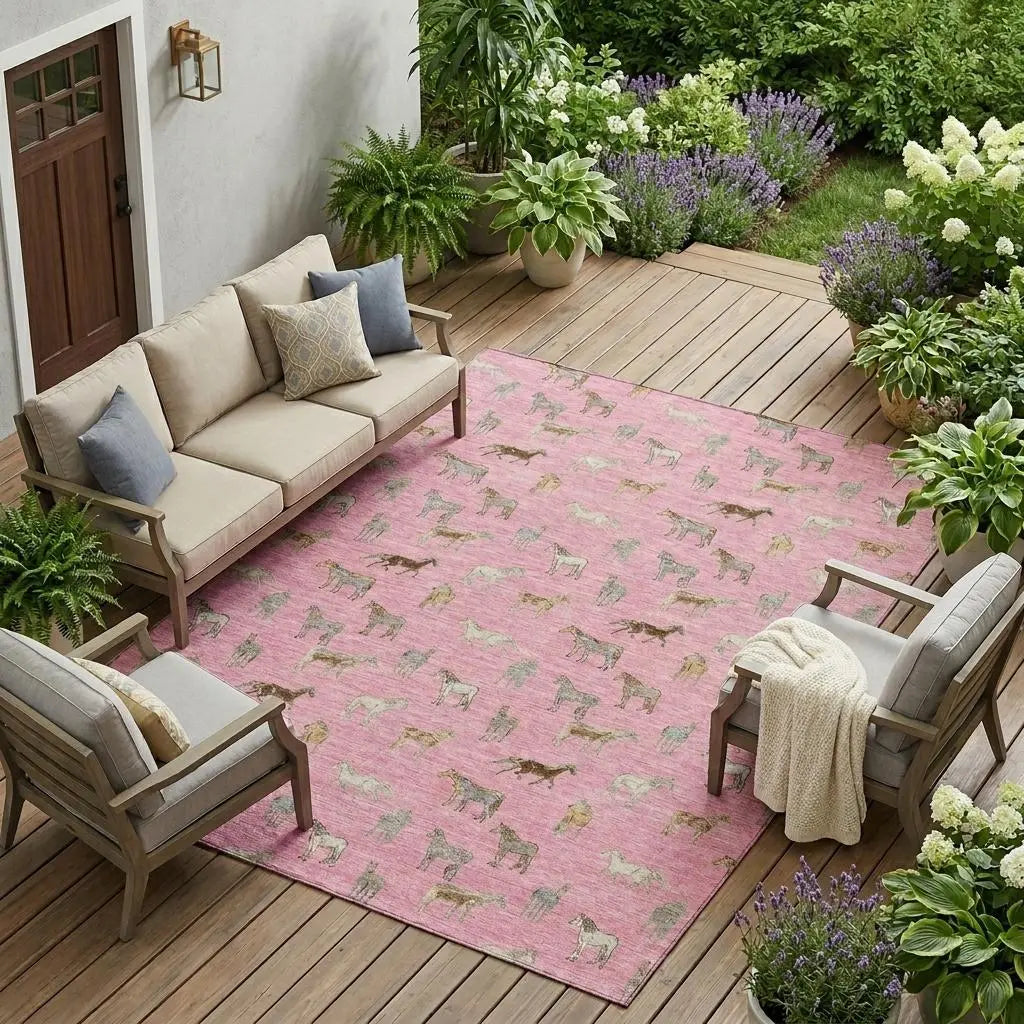 8' X 10' Blush And Beige Horse Washable Indoor Outdoor Area Rug Homeroots Outdoor