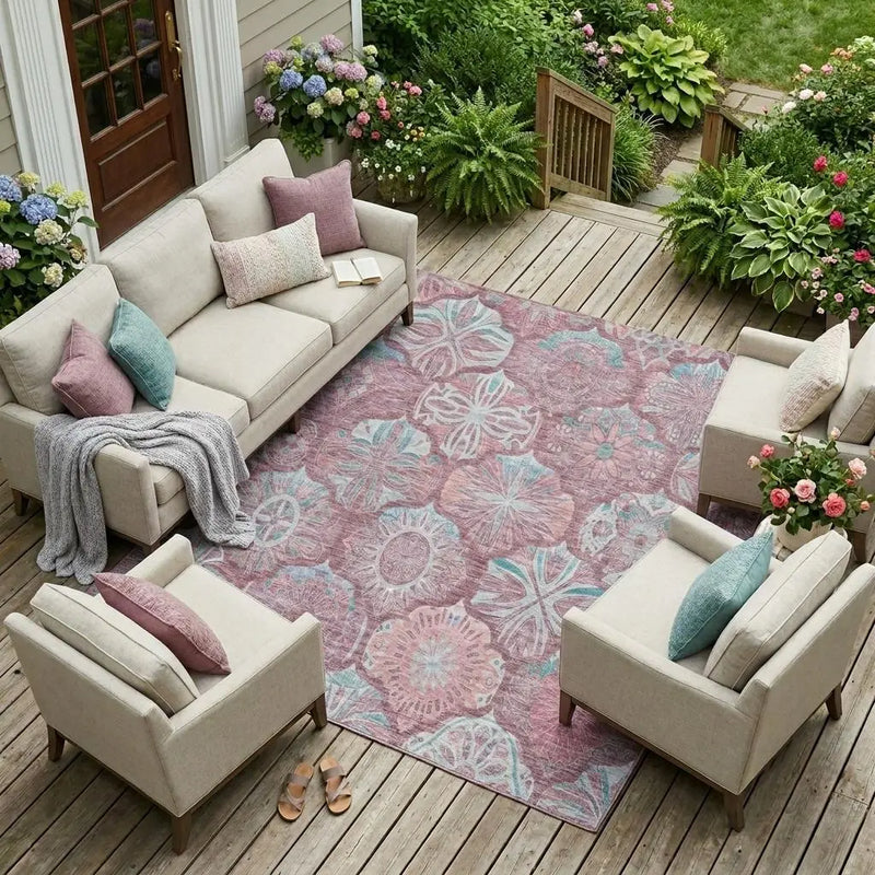 8' X 10' Blush And Pink Ogee Washable Indoor Outdoor Area Rug Homeroots Outdoor