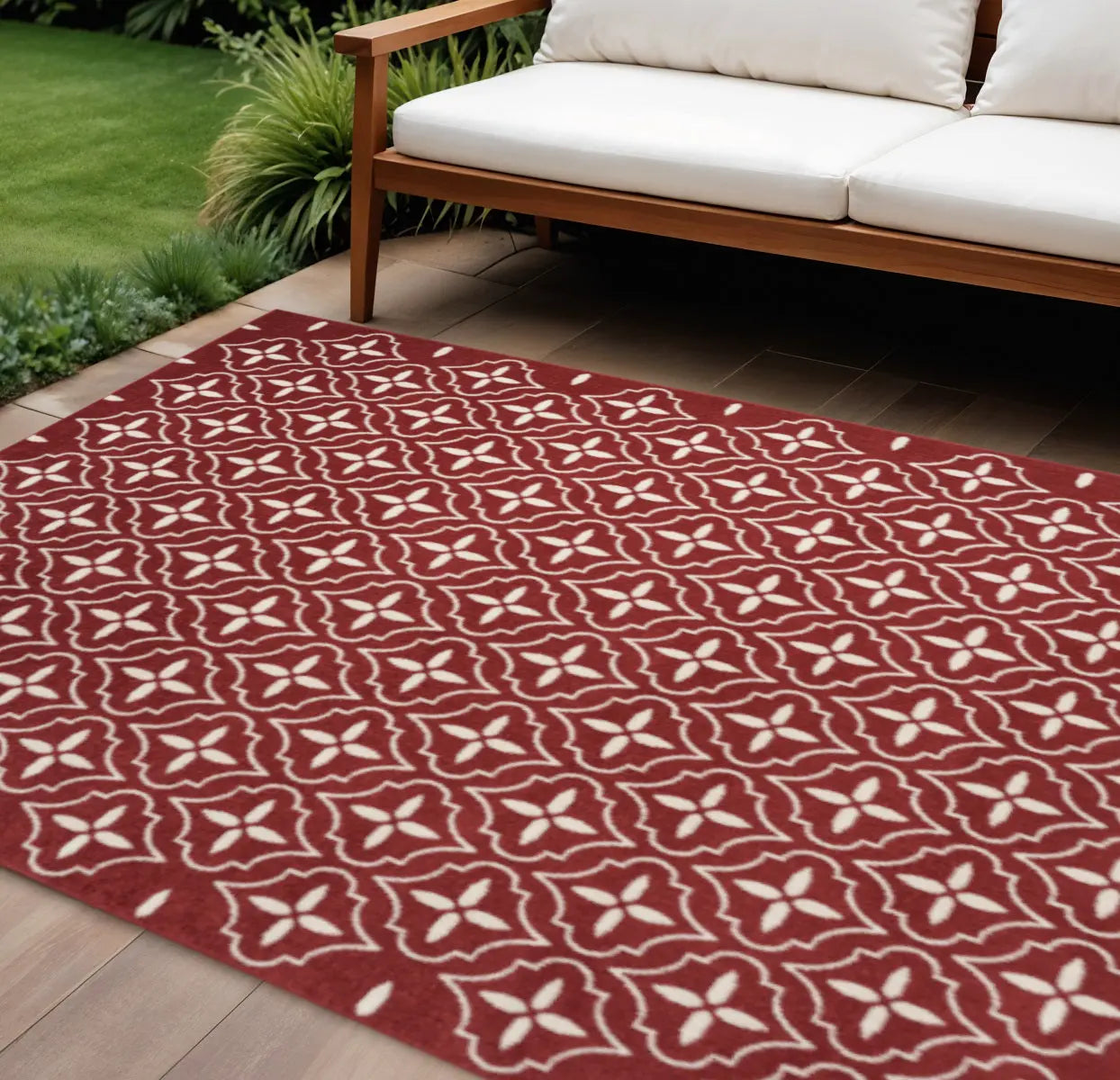 8' X 10' Brick Red And Ivory Geometric Indoor Outdoor Area Rug Homeroots Outdoor