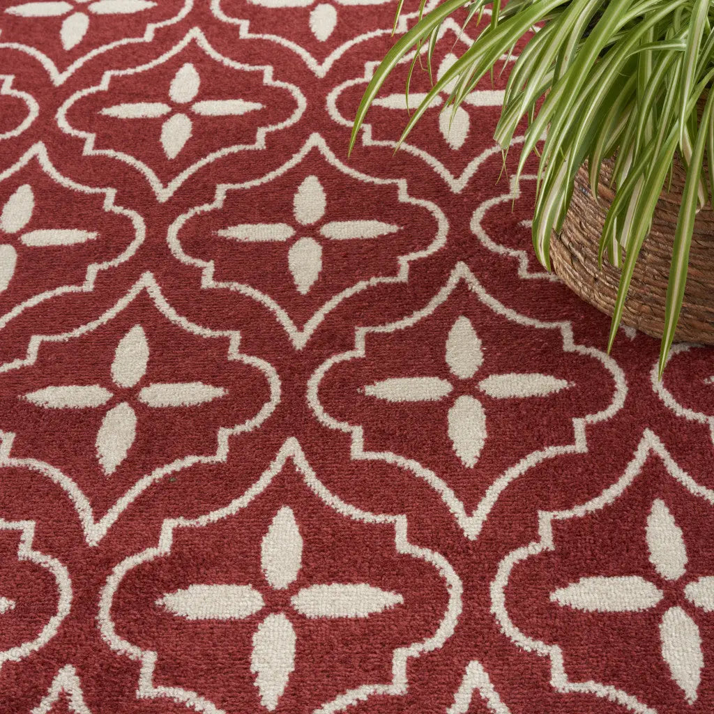8' X 10' Brick Red And Ivory Geometric Indoor Outdoor Area Rug Homeroots Outdoor
