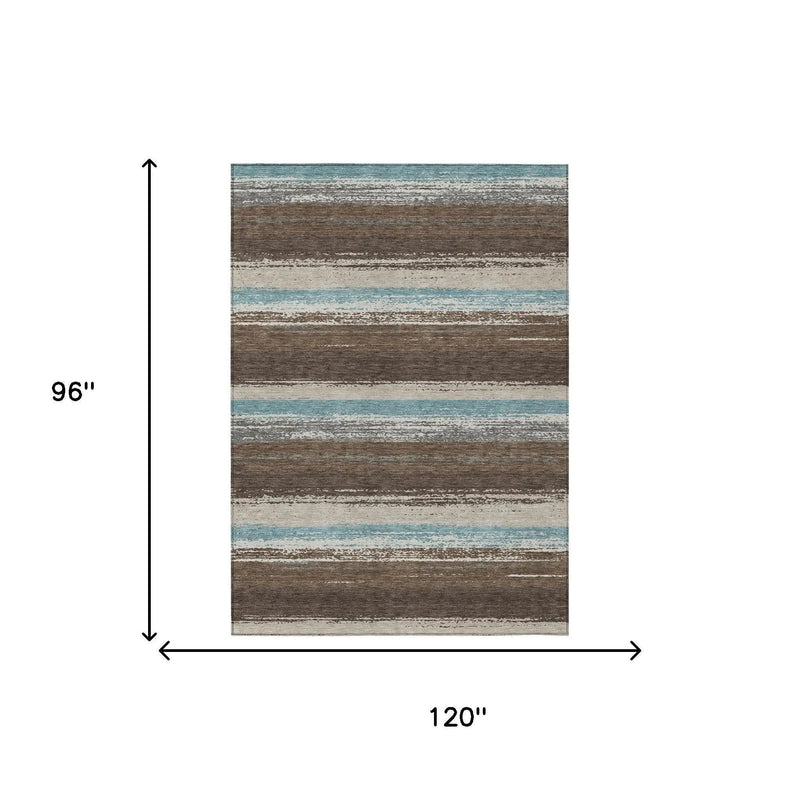 8' X 10' Brown And Beige Striped Washable Indoor Outdoor Area Rug Homeroots Outdoor