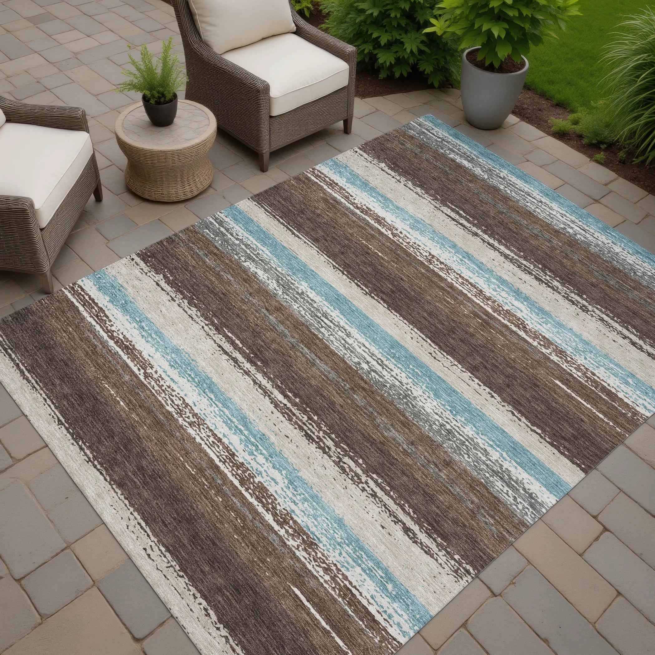 8' X 10' Brown And Beige Striped Washable Indoor Outdoor Area Rug Homeroots Outdoor