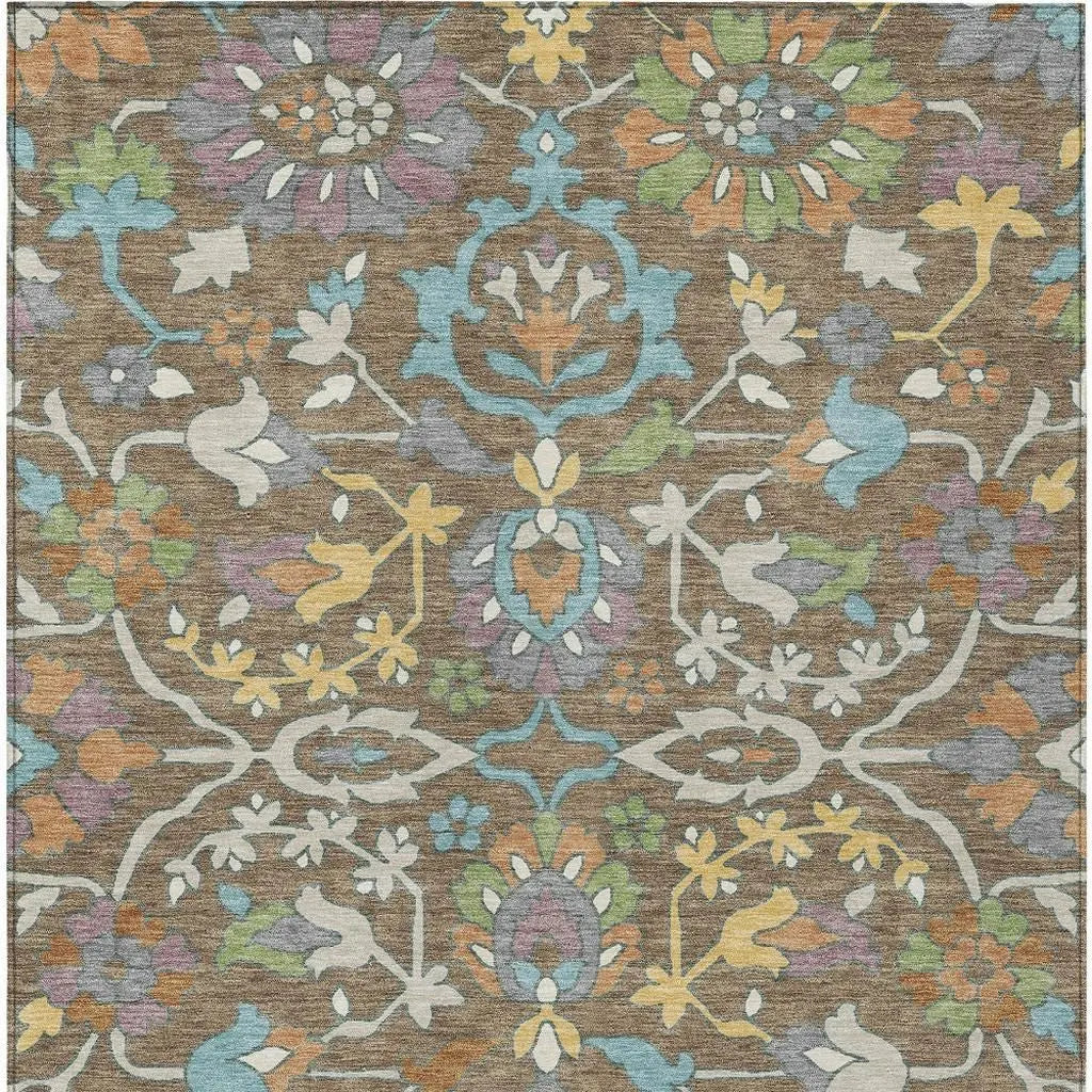 8' X 10' Brown And Copper Floral Washable Indoor Outdoor Area Rug Homeroots Outdoor