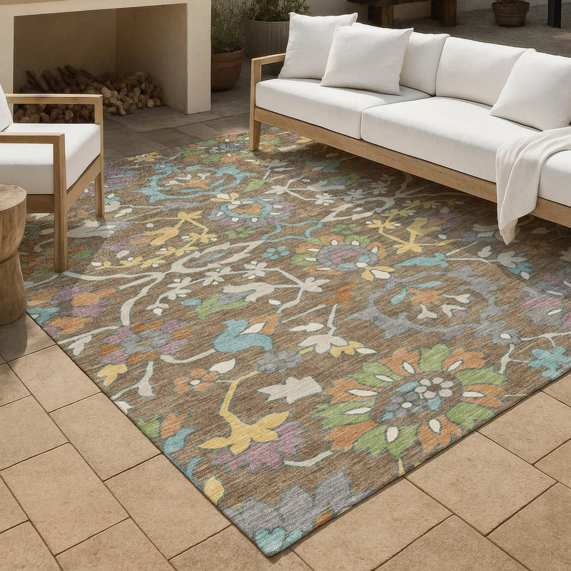 8' X 10' Brown And Copper Floral Washable Indoor Outdoor Area Rug Homeroots Outdoor