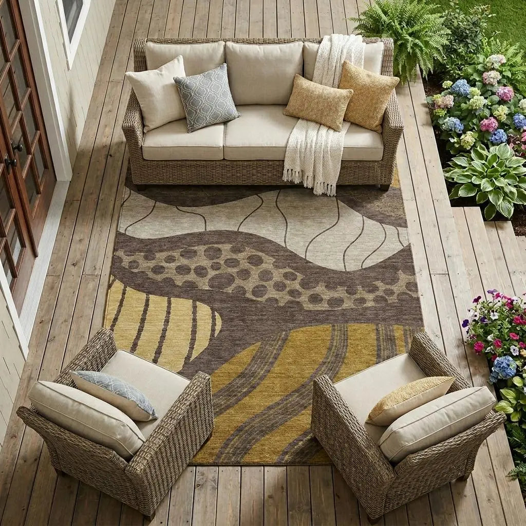 8' X 10' Brown And Gold Abstract Washable Indoor Outdoor Area Rug Homeroots Outdoor