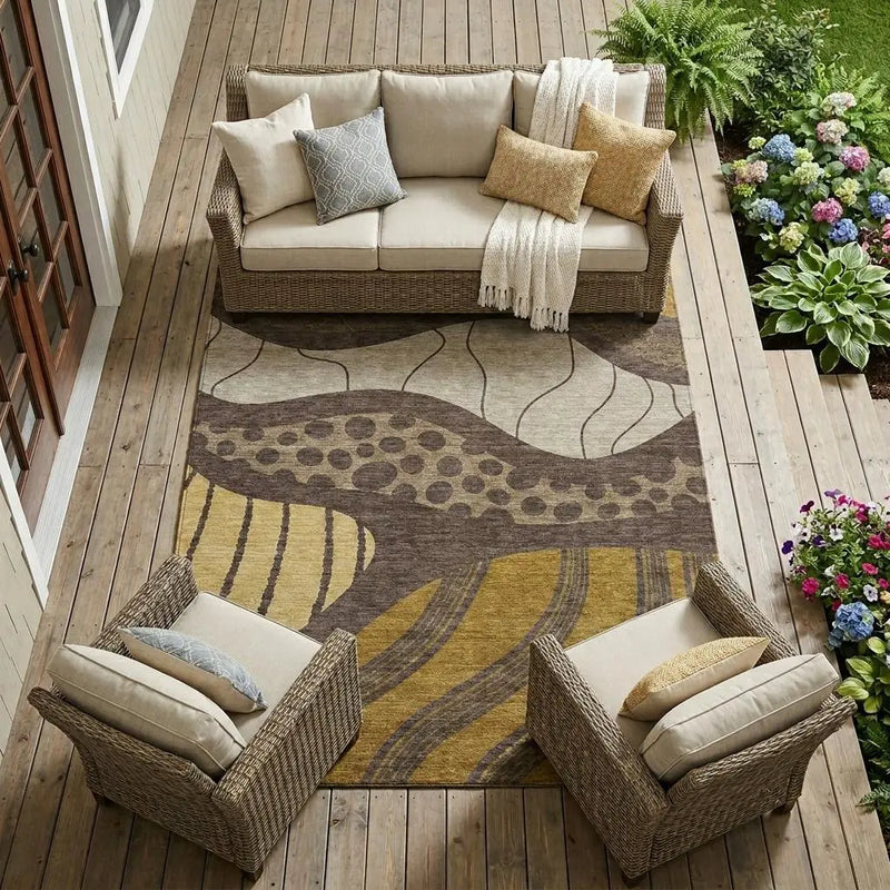 8' X 10' Brown And Gold Abstract Washable Indoor Outdoor Area Rug Homeroots Outdoor