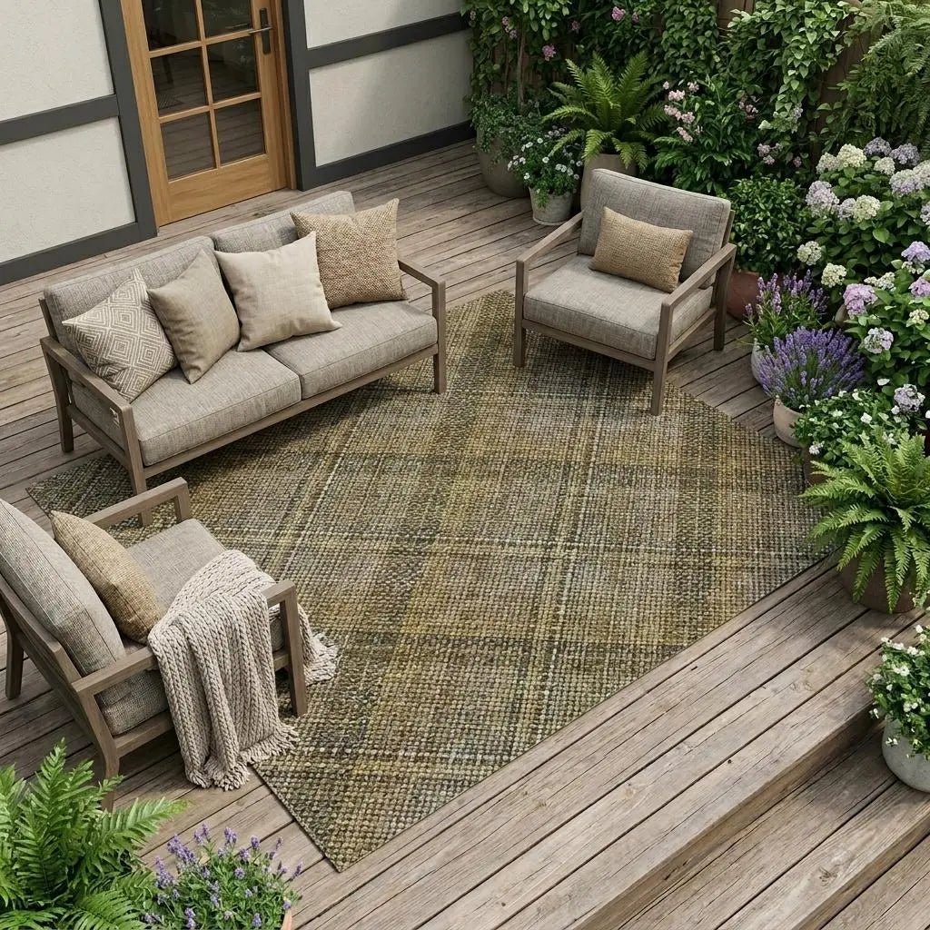 8' X 10' Brown And Gold Plaid Washable Indoor Outdoor Area Rug Homeroots Outdoor