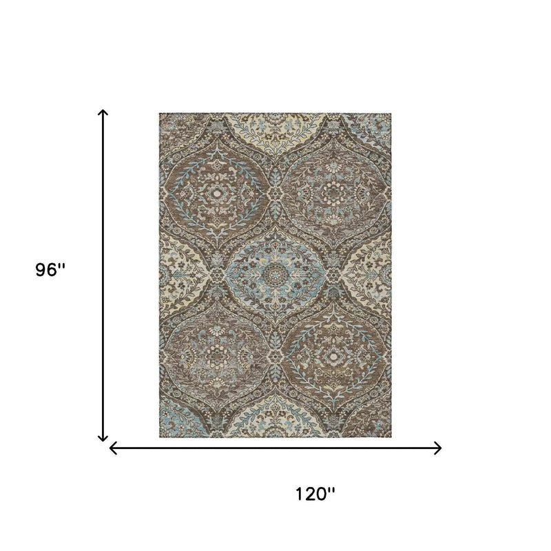 8' X 10' Brown And Graphite Ogee Washable Indoor Outdoor Area Rug Homeroots Outdoor