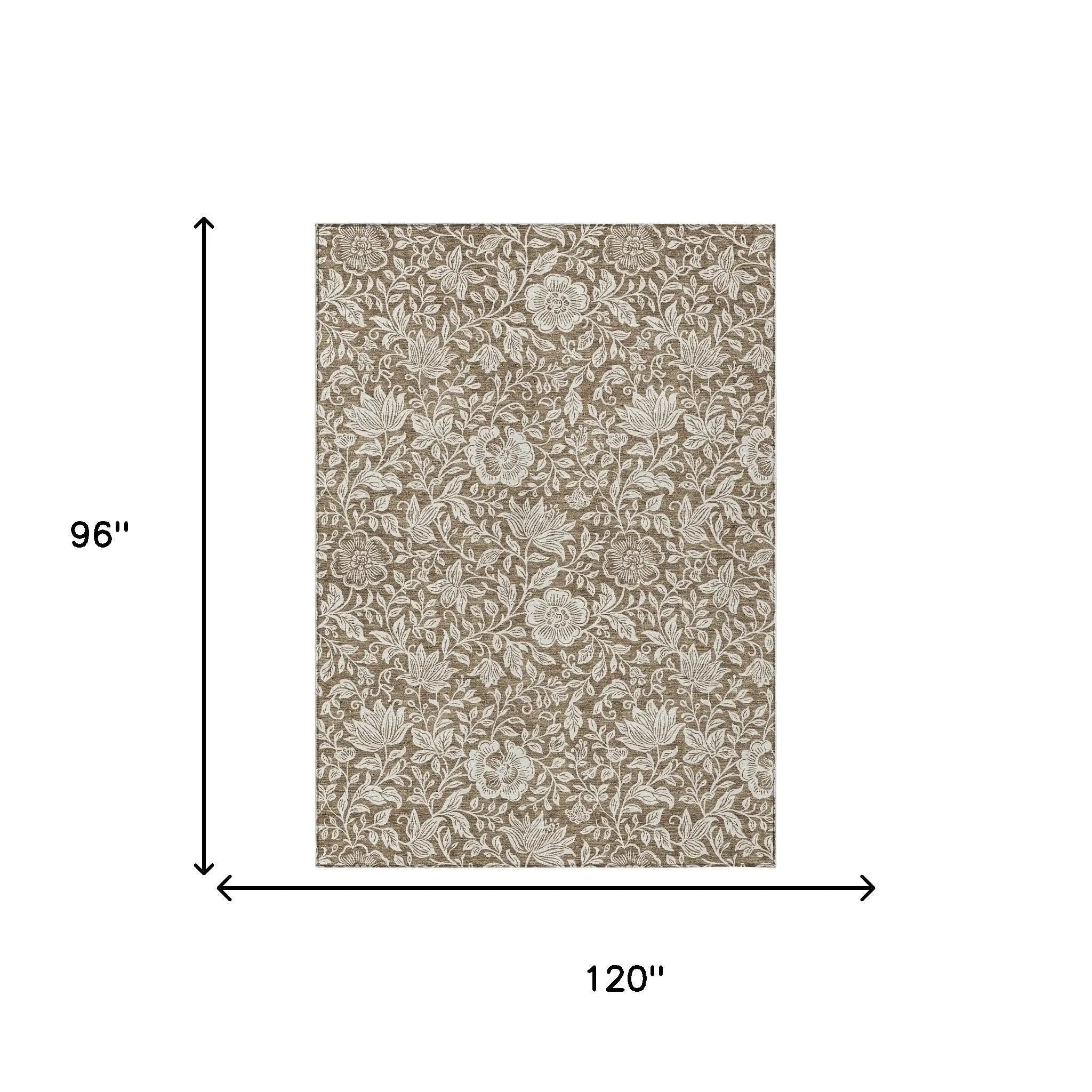 Floral patterned taupe tablecloth, 120"x96", elegant fabric for dining or events.