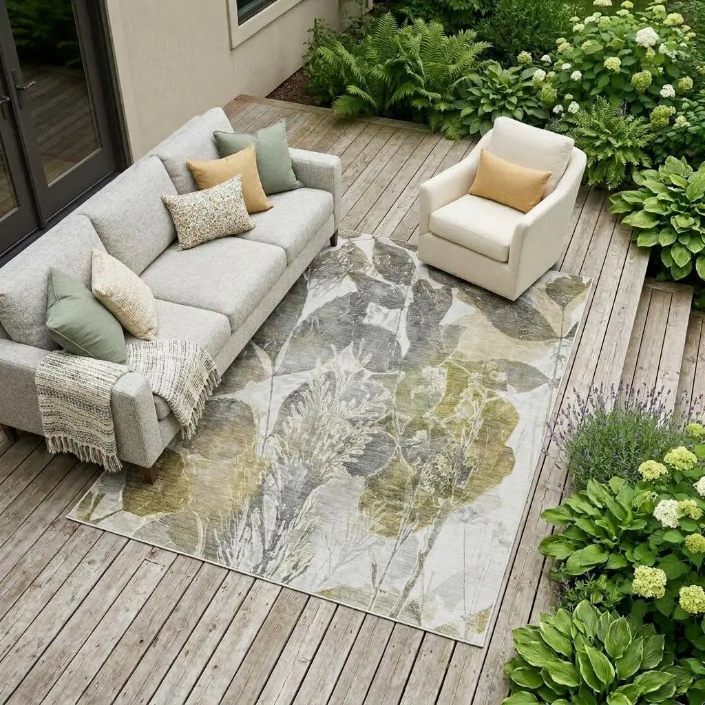 8' X 10' Brown And Silver Botanical Leaves Washable Indoor Outdoor Area Rug Homeroots Outdoor