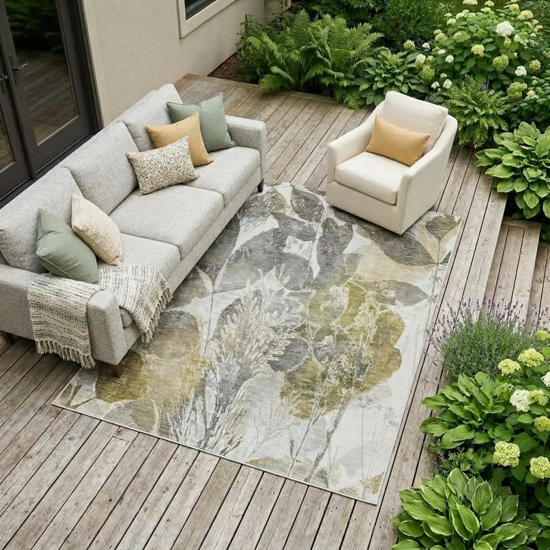 8' X 10' Brown And Silver Botanical Leaves Washable Indoor Outdoor Area Rug Homeroots Outdoor