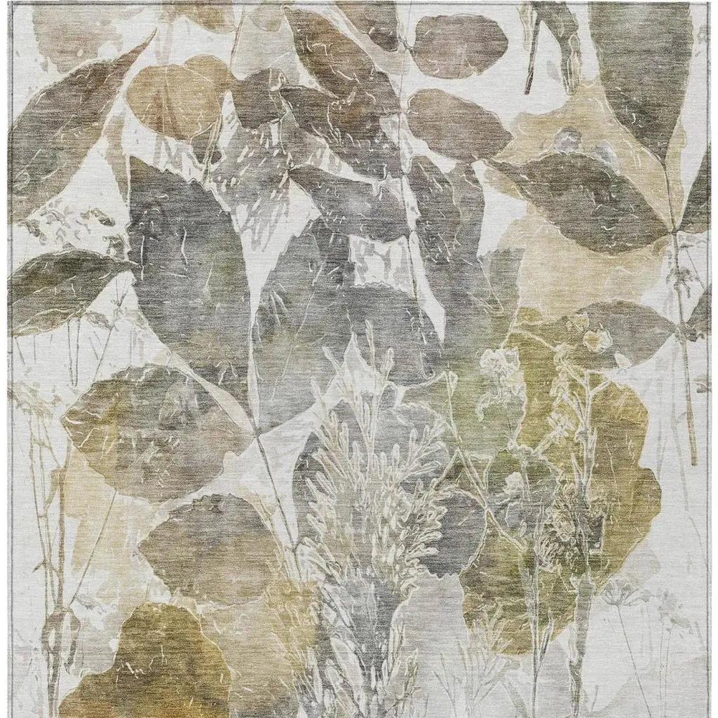 8' X 10' Brown And Silver Botanical Leaves Washable Indoor Outdoor Area Rug Homeroots Outdoor