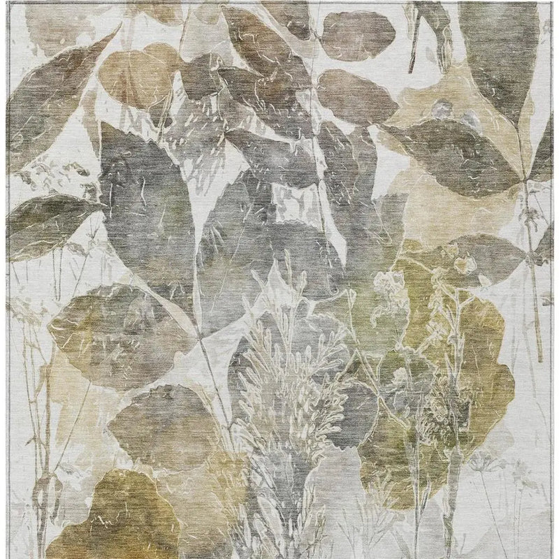 8' X 10' Brown And Silver Botanical Leaves Washable Indoor Outdoor Area Rug Homeroots Outdoor