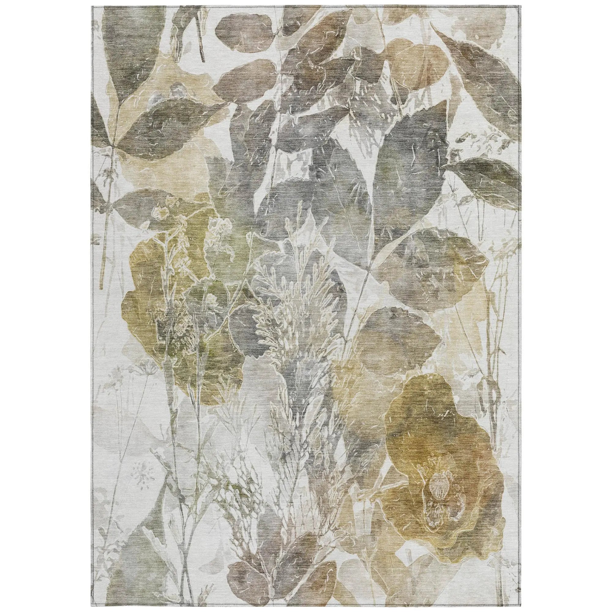 8' X 10' Brown And Silver Botanical Leaves Washable Indoor Outdoor Area Rug Homeroots Outdoor