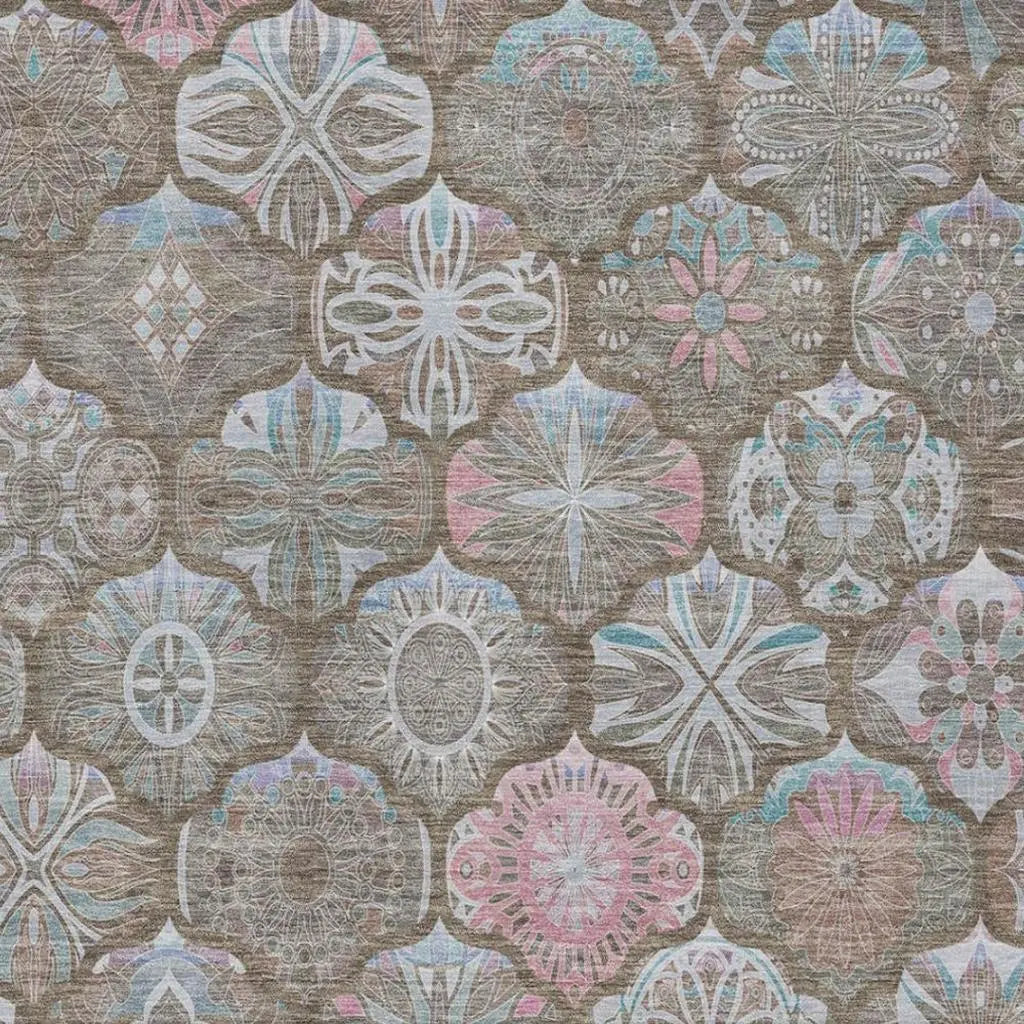 8' X 10' Brown And Silver Ogee Washable Indoor Outdoor Area Rug Homeroots Outdoor