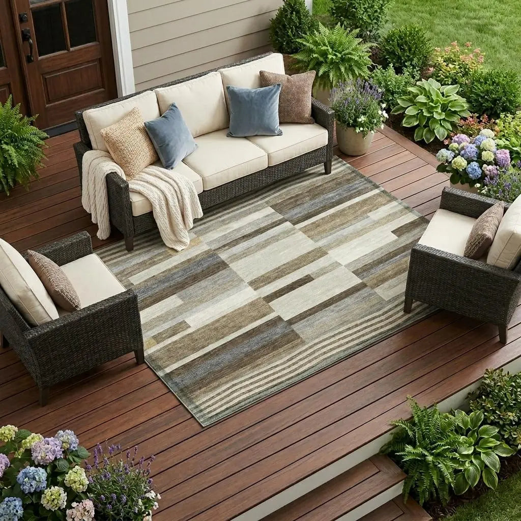 8' X 10' Brown And Silver Striped Washable Indoor Outdoor Area Rug Homeroots Outdoor