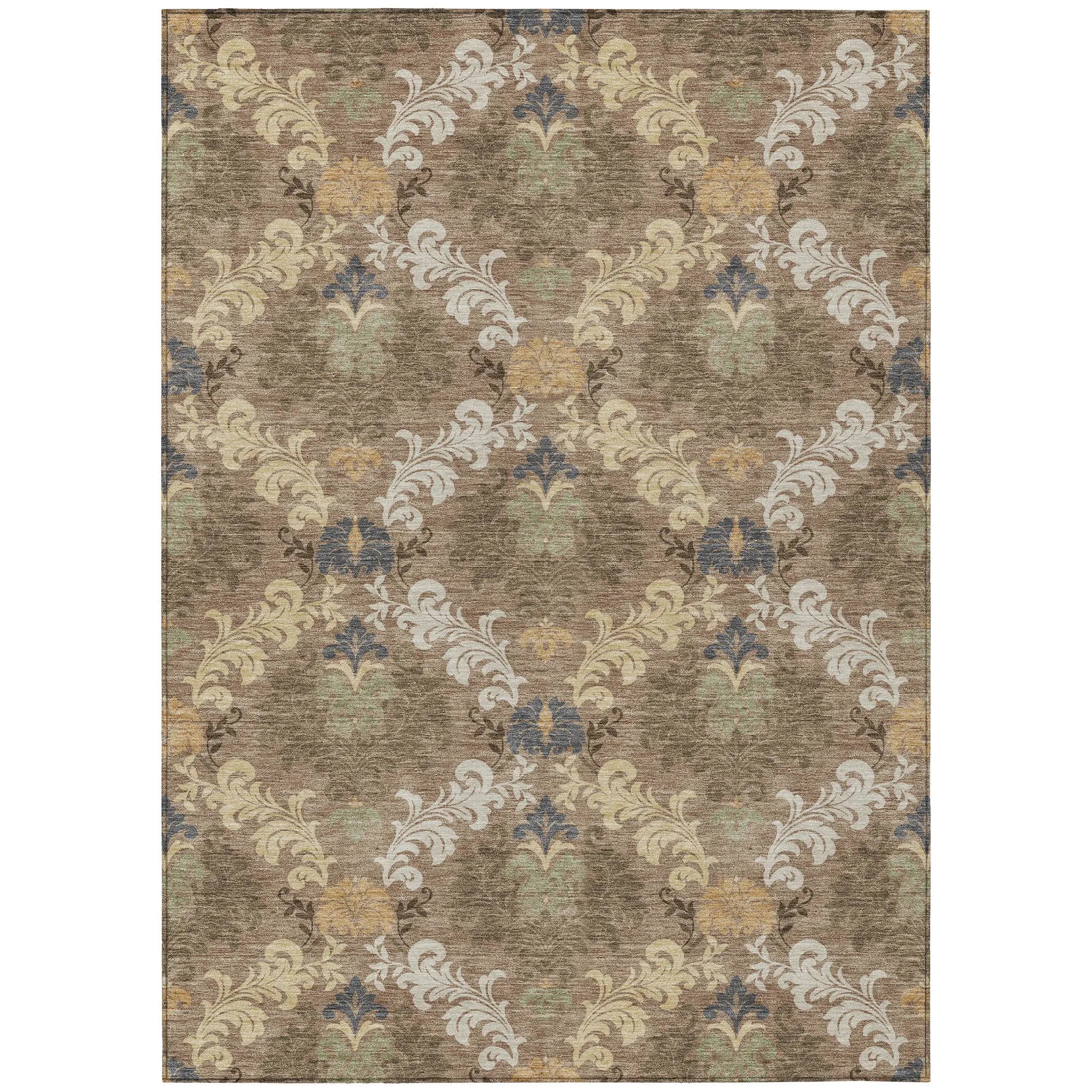 8' X 10' Brown And Taupe Damask Washable Indoor Outdoor Area Rug Homeroots Outdoor