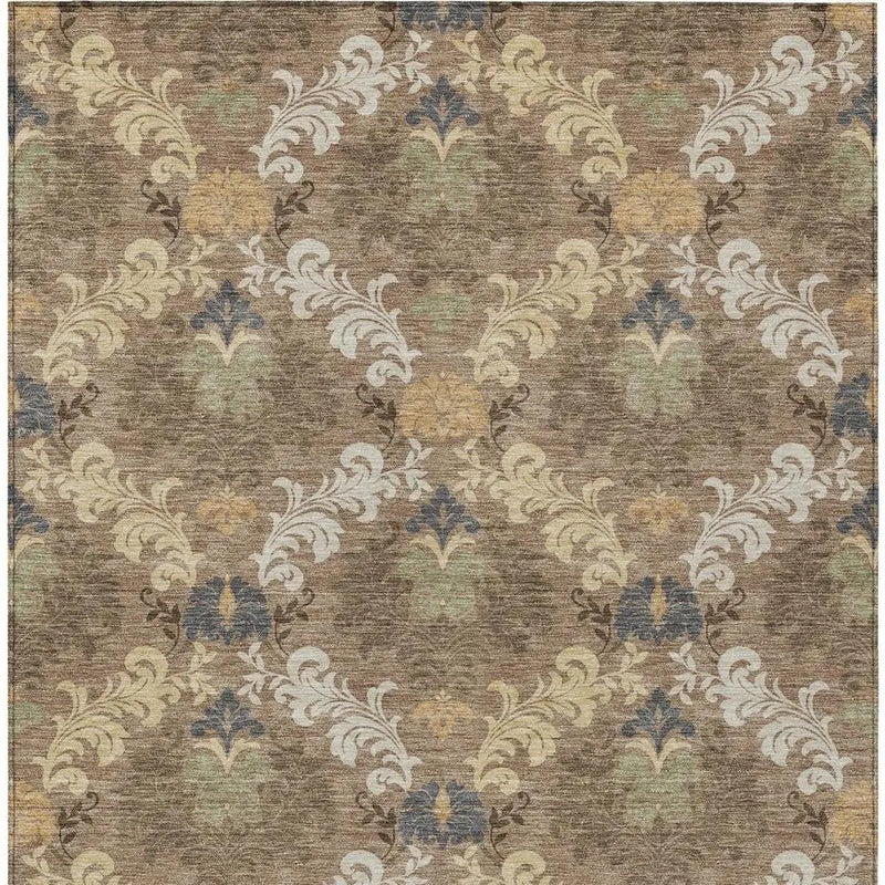 8' X 10' Brown And Taupe Damask Washable Indoor Outdoor Area Rug Homeroots Outdoor
