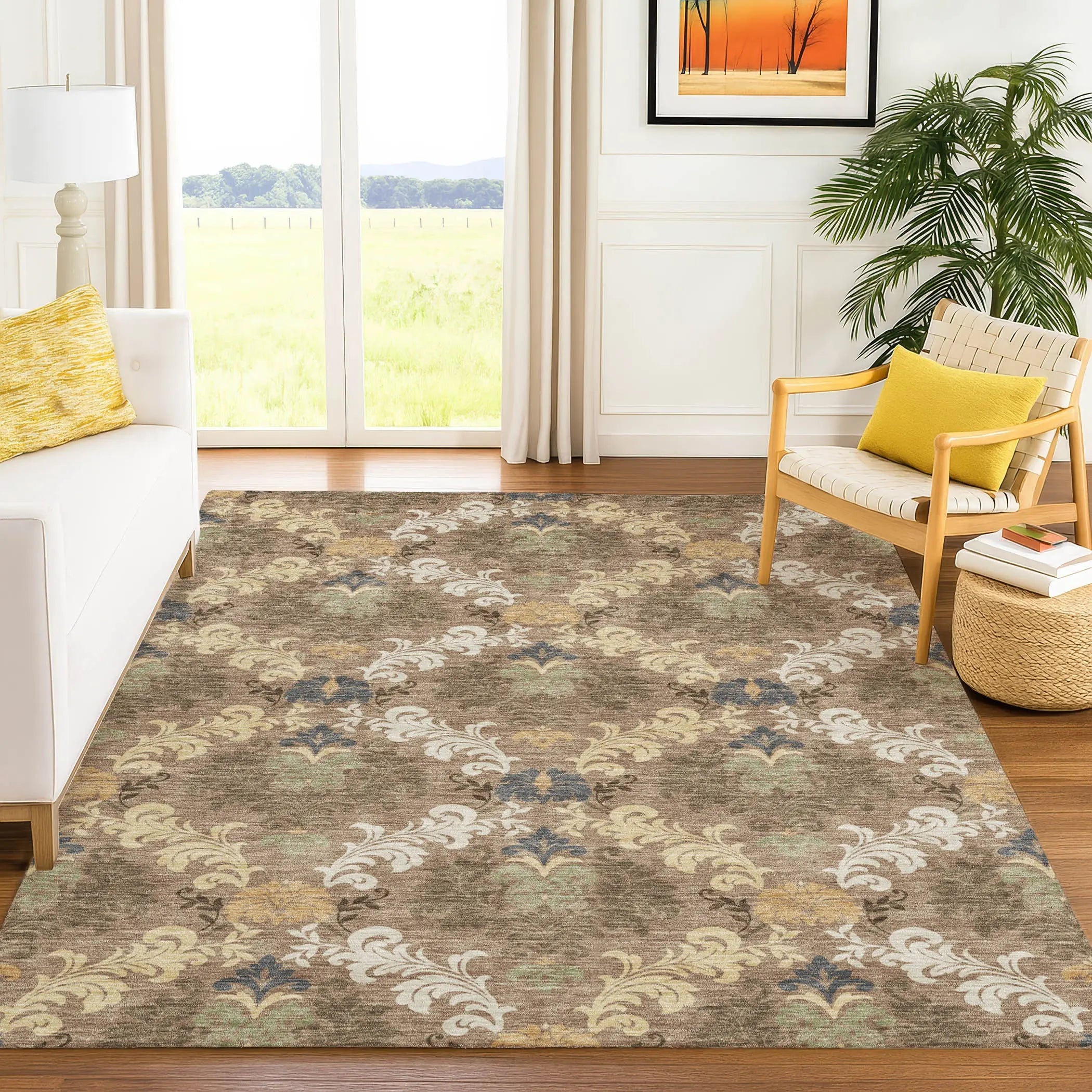 8' X 10' Brown And Taupe Damask Washable Indoor Outdoor Area Rug Homeroots Outdoor