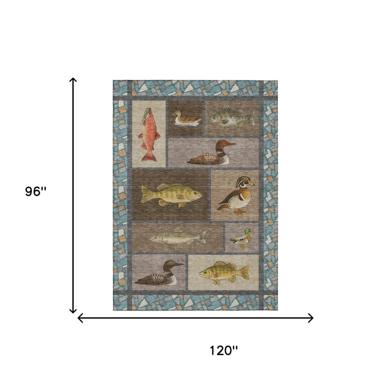 8' X 10' Brown And Teal Blue Floral Medallion Washable Indoor Outdoor Area Rug Homeroots Outdoor