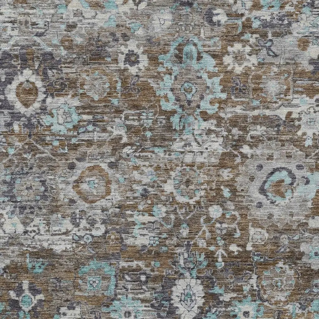 8' X 10' Brown And Teal Blue Floral Washable Indoor Outdoor Area Rug Homeroots Outdoor