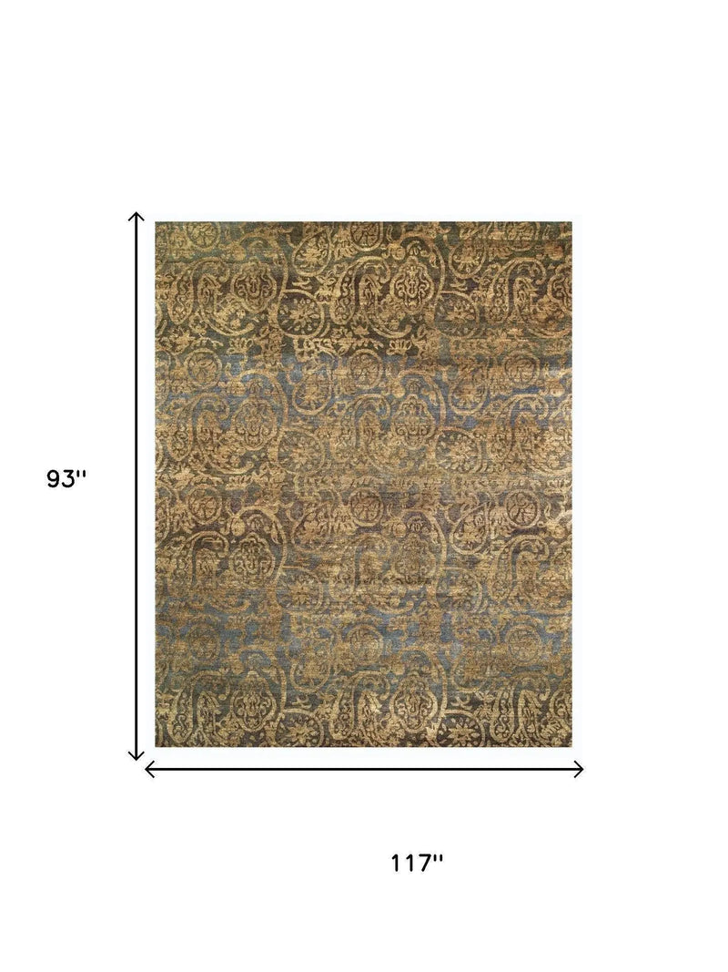 8' X 10' Brown Gold And Blue Wool Paisley Hand Knotted Area Rug Homeroots Home Decor